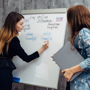 English language school. Lesson, teacher and student talking